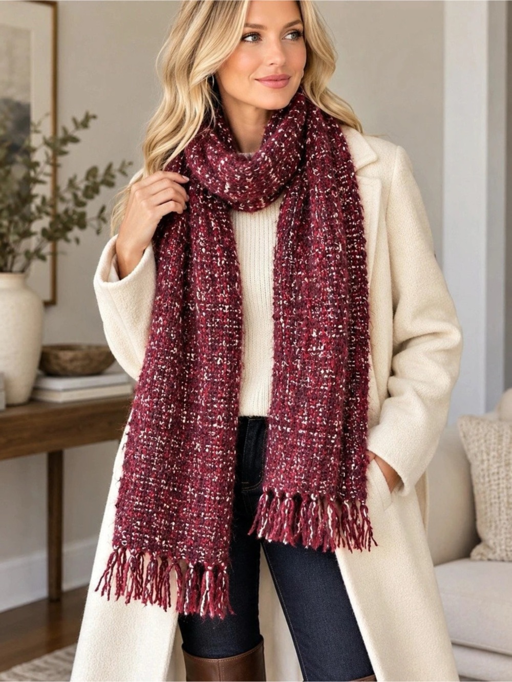 Doris Hayes Burgundy Boucle Fringe Scarf